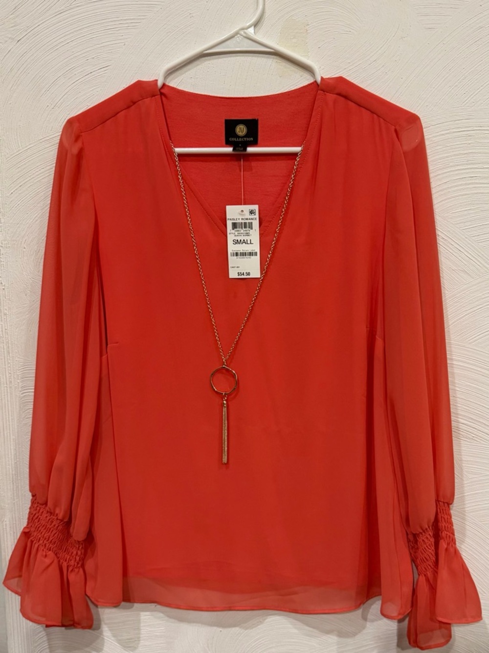 JM Collection Coral V-Neck Top with Gold Logo Tag